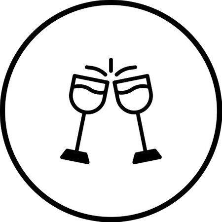 Simple black and white icon depicting two wine glasses clinking, symbolizing celebration, toast, and good times. Suitable for various celebratory themesのイラスト素材
