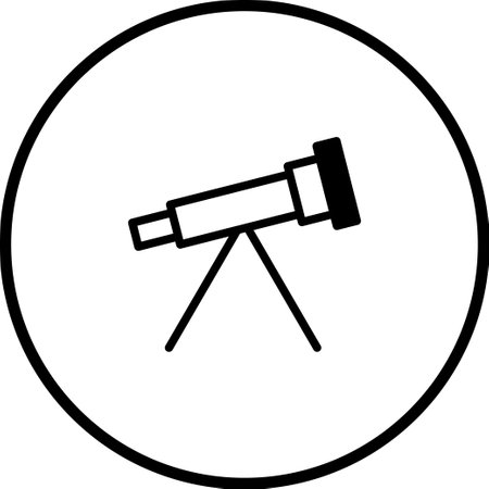 A simple, minimalist icon of a telescope, represented by a black outline within a circle. This icon evokes themes of astronomy, science, and exploration.のイラスト素材