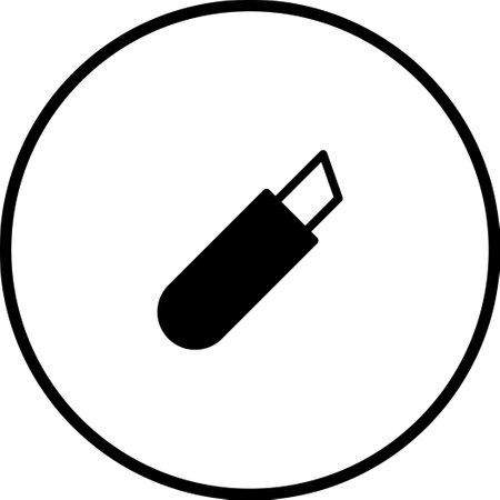 A simple black and white vector icon of a box cutter, neatly positioned within a circular frame, perfect for industrial or design projects.のイラスト素材