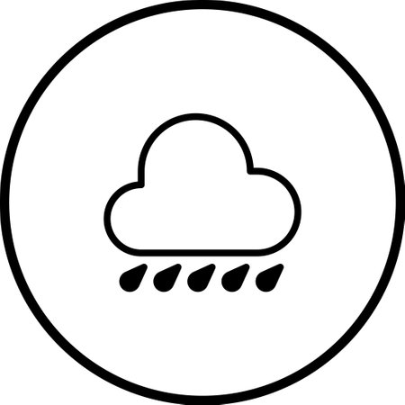 A minimalist icon design featuring a rain cloud inside a circular outline. It represents weather forecasts and climate conditions, suitable for various graphical purposes.のイラスト素材