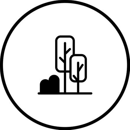 A minimalist tree icon features two stylized trees and a bush. This clean graphic is framed in a circle, representing nature.のイラスト素材