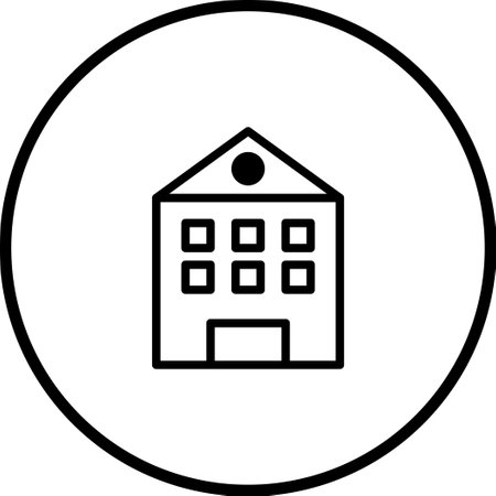 A clean and minimalist icon depicting a building within a circle, ideal for representing real estate, urban development, or architectural concepts.のイラスト素材