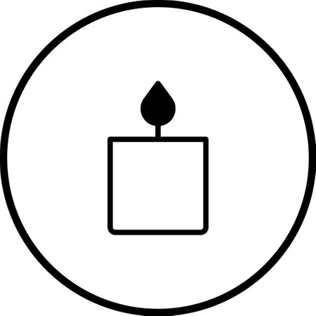 A simple black outline of a candle in a square form, with a droplet-shaped flame, enclosed within a circle, on a white background, perfect for iconsのイラスト素材