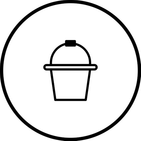 Black and white vector illustration featuring a bucket icon, depicted in a simple outline style within a circular frame. Minimalist design for various applications.のイラスト素材