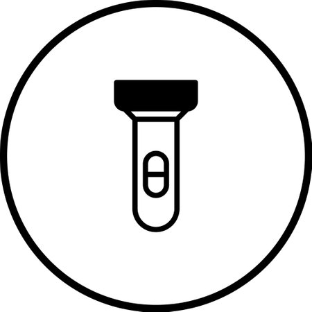 Simple black and white flashlight icon within a circle, ideal for representing illumination, guidance, or emergency tools in a minimalistic design.のイラスト素材
