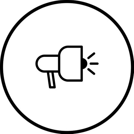 A minimalist outline illustration shows a megaphone within a circle, symbolizing announcements, communication, and promotion in a simple and modern design.のイラスト素材