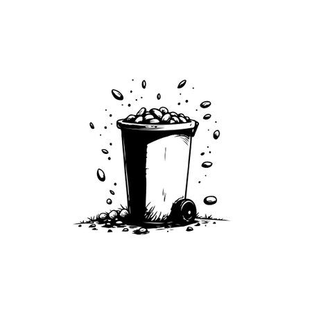 Black and white illustration of an overflowing trash can, representing waste management and environmental concerns, symbolizing disposal and ecological awareness.のイラスト素材