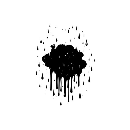 Black cloud with dripping raindrops illustration isolated on white background. Abstract vector for weather concept art, rainy season or stormy weather symbol.のイラスト素材