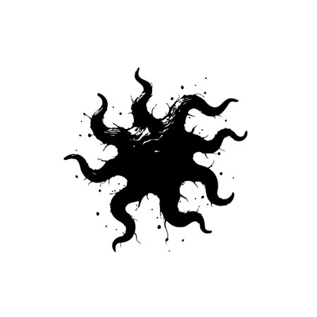 Abstract black vector illustration featuring an octopus-like design on a white background. It is reminiscent of ink splatters and grunge textures.のイラスト素材