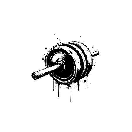 Detailed illustration of a barbell, rendered in black and white with a splattered ink effect, suggesting intense physical exertion and a gritty, energetic workout atmosphere.のイラスト素材