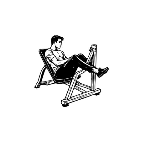 Monochrome illustration features a muscular man using a leg press machine at the gym, ideal for fitness and weightlifting content.のイラスト素材
