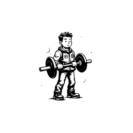 A cartoon drawing depicts a young boy confidently lifting a barbell. The illustration conveys strength, determination, and the active lifestyle of a child.のイラスト素材