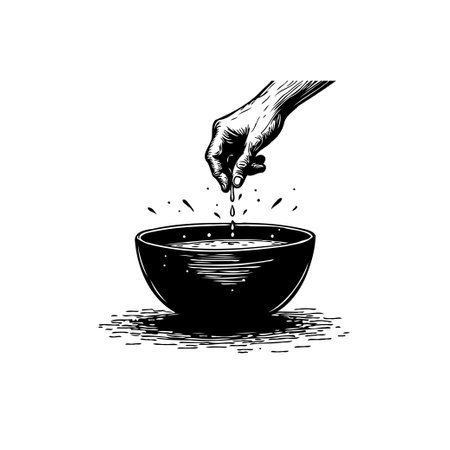 Vintage engraving illustration of a hand dripping liquid into a bowl, symbolizing purification and ritual cleansing in a monochrome artistic style.のイラスト素材