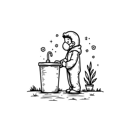 A cartoon illustration depicting a person washing hands, emphasizing hygiene during a health crisis. It promotes safety and awareness.のイラスト素材