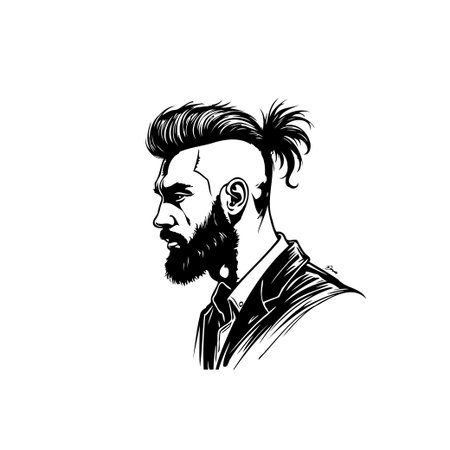 A stylish black and white portrait showcasing a man with a fashionable undercut hairstyle, beard, and ponytail, created as a vector line art illustration.のイラスト素材