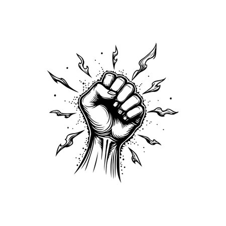 A powerful fist illustration in black and white symbolizes strength, unity, and solidarity. This image represents resistance, determination, and the fight for justice.のイラスト素材