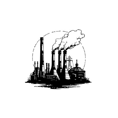 Monochrome illustration of an industrial factory with chimneys emitting smoke, raising awareness about the impact on the environment and the planetのイラスト素材