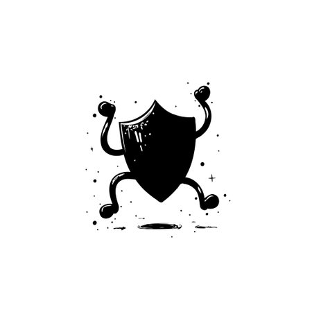 A whimsical illustration features a shield character with arms and legs, joyfully expressing security and protection. Perfect for conveying a friendly approach to complex ideas.のイラスト素材