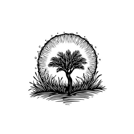 A minimalist illustration of a tree in a field, surrounded by grass and foliage. The black and white sketch creates a calm and peaceful atmosphere.のイラスト素材