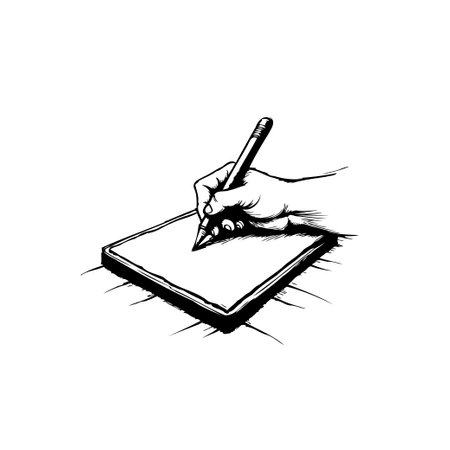 Illustration of a hand drawing or writing on a blank sheet of paper, representing creativity, sketching, and design concepts, useful for articles, presentations, and creative projectのイラスト素材