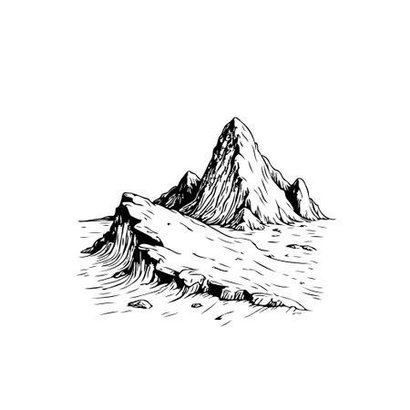 An artistic monochrome drawing showcasing a rugged mountain range landscape. The detailed sketch presents a scenic view with rocky cliffs and alpine peaks, evoking a sense of exploration and adventure.のイラスト素材