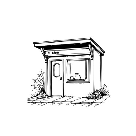 A charming minimalist illustration of a bus stop shelter featuring two cats patiently waiting inside. The clean lines and monochrome palette create a cozy and inviting scene.のイラスト素材