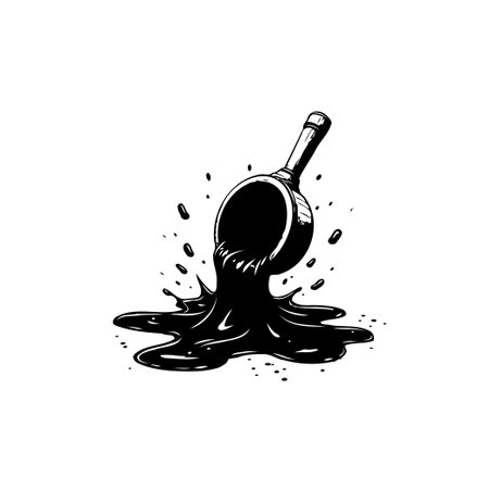 A conceptual illustration of black liquid spilling from a ladle, representing accidents or carelessness. The design features a vector image of a fluid splash.のイラスト素材