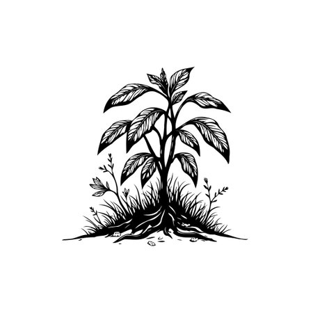 A detailed monochrome illustration showcases a young plant with intricate foliage and roots, evoking a sense of natural growth and vintage botanical art.のイラスト素材