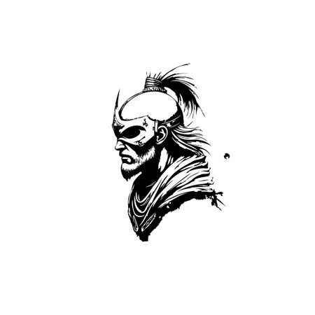 A stylized black and white illustration depicts a warrior head wearing a mask and beard. The artwork showcases a strong and brave character design.のイラスト素材
