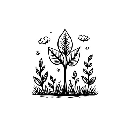 A minimalist black and white sketch showcases a young plant surrounded by smaller sprouts, embodying growth, nature, and organic simplicity.のイラスト素材