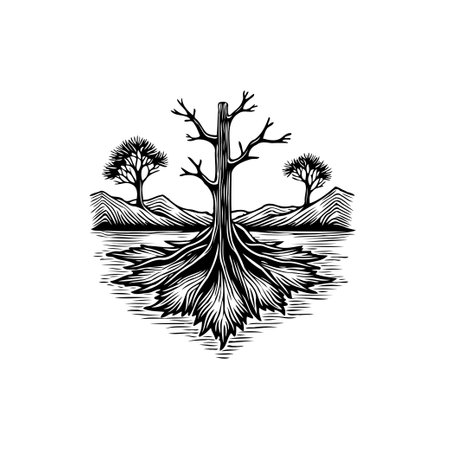 A black and white illustration showcases a barren tree with prominent roots, set against a backdrop of gentle hills and distant trees. The image has a vintage and artistic feel.のイラスト素材