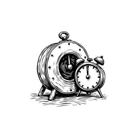 A hand-drawn illustration features two vintage clocks, symbolizing time management, deadlines, and the measurement of past and present moments.のイラスト素材