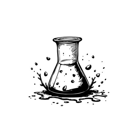 Black and white sketch of a chemical flask. Simple design for use in scientific illustrations or educational materials. It shows a scientific flask with liquid and splash.のイラスト素材