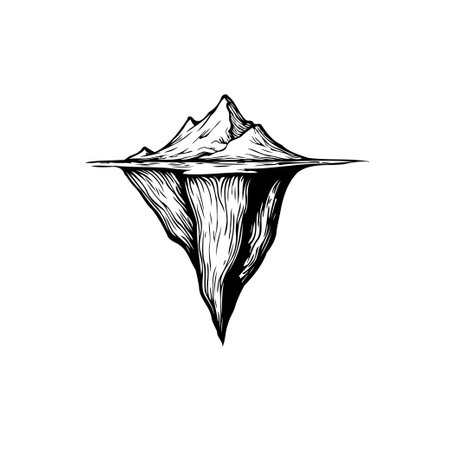 A stylized drawing depicts a mountain with its reflection in water, forming an iceberg shape. The illustration uses black and white to create a simple yet striking image.のイラスト素材