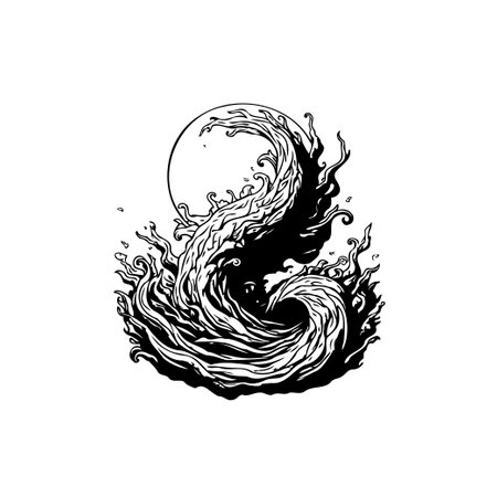 A monochromatic digital illustration showcasing a stylized wave formation. The wave is depicted with swirling lines and fluid motion against a moon.のイラスト素材