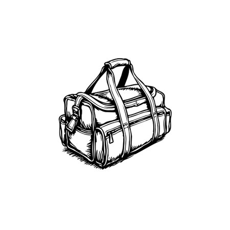 A detailed, hand-drawn illustration of a duffel bag, perfect for depicting travel, sports, or gym activities. Its classic design and functional features make it an ideal graphic element.のイラスト素材