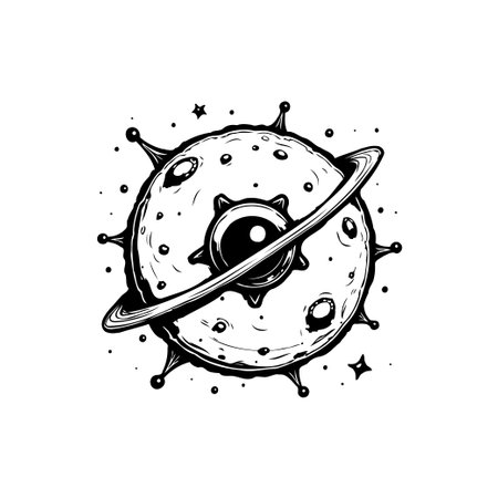 A detailed black and white illustration showcasing a whimsical, cartoon-style planet with a prominent eye and ring, set against a cosmic background.のイラスト素材