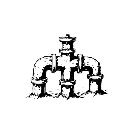 Black and white illustration of a plumbing system. Ideal for themes relating to maintenance, infrastructure, technical drawings, and possible system leaks.のイラスト素材