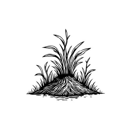 A minimalist black and white illustration shows a plant with exposed roots growing out of a mound of soil, showcasing nature and growth.のイラスト素材