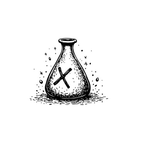 A hand-drawn sketch features a vintage potion bottle with a prominent 'X' mark, perfect for fantasy or scientific themes.のイラスト素材