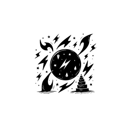 A minimalist black and white abstract design features lightning bolts, stars, and dynamic shapes, creating a striking and energetic illustration.のイラスト素材