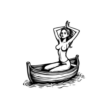 A vintage style illustration shows a woman sitting in a boat, with her hands raised in a peaceful, meditative pose, representing harmony and relaxation.のイラスト素材