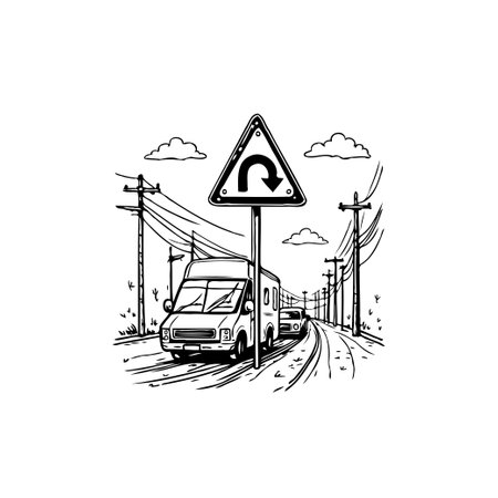 A U-turn road sign with vehicle traveling on an asphalt rural road, illustration is clean, simple and minimal.のイラスト素材