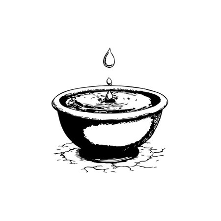 A black and white illustration showcases a water droplet about to impact a bowl, symbolizing purity and calmness. Perfect for conveying themes of tranquility, simplicity, and balance.のイラスト素材