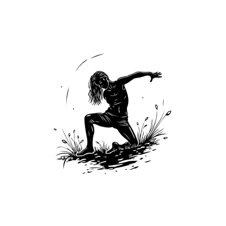 A monochrome artwork depicts a kneeling figure in a field of stylized grass. The simple and botanical design evokes a sense of tranquil nature.のイラスト素材
