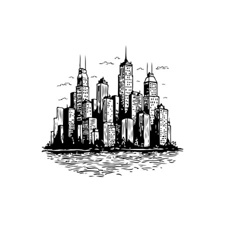An intricate cityscape sketch illustration, showcasing modern architectural design in monochrome. Tall skyscrapers dominate the skyline, creating a captivating urban panorama.のイラスト素材