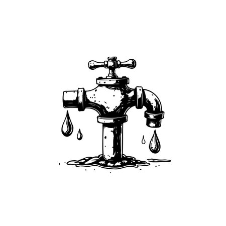 Detailed black and white illustration of an old-fashioned faucet with water dripping from it, set against a plain white background. The illustration highlights issues such as wastage and water conservation.のイラスト素材