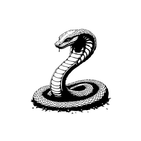 A captivating black and white illustration of a cobra, poised to strike, embodying danger and the raw beauty of wildlife. Perfect for edgy designs.のイラスト素材