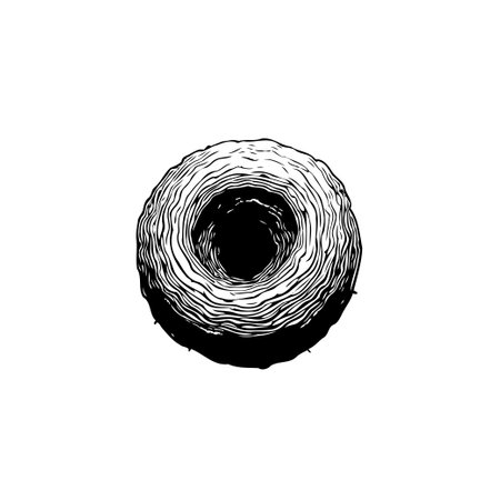 A monochromatic abstract illustration of a textured circular design. It features a central void and a swirl, creating an artistic and visually interesting elementのイラスト素材