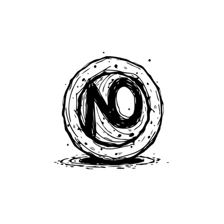 A stylized monochrome hand-drawn illustration features the word 'NO' inside a grunge textured circle, conveying denial, rejection or prohibition.のイラスト素材